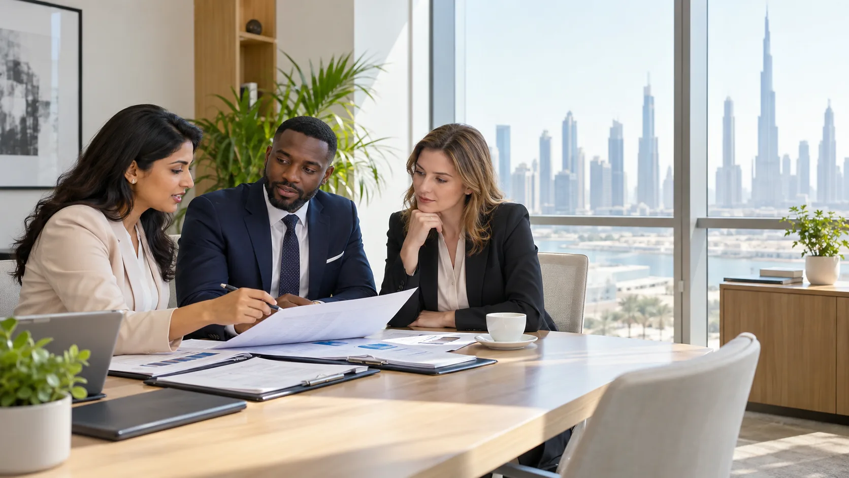 Business advisers planning together with documents in a meeting room