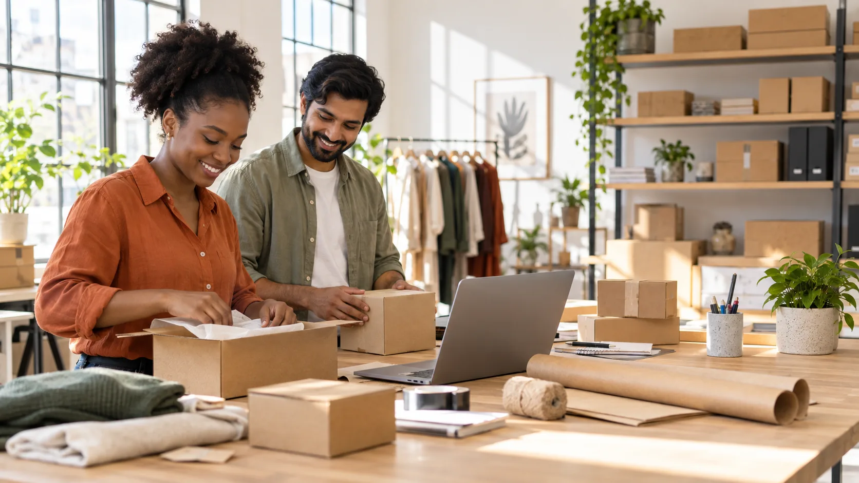 An e-commerce team preparing customer orders in a fulfilment studio