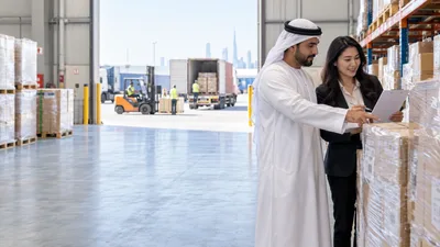 Trade professionals inspecting goods and shipment documents in a bright warehouse
