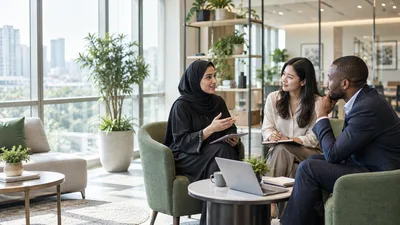 An HR adviser talking with colleagues in a welcoming office