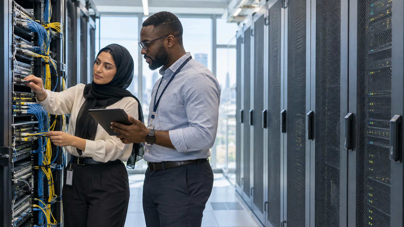 IT specialists working with network equipment in a server room